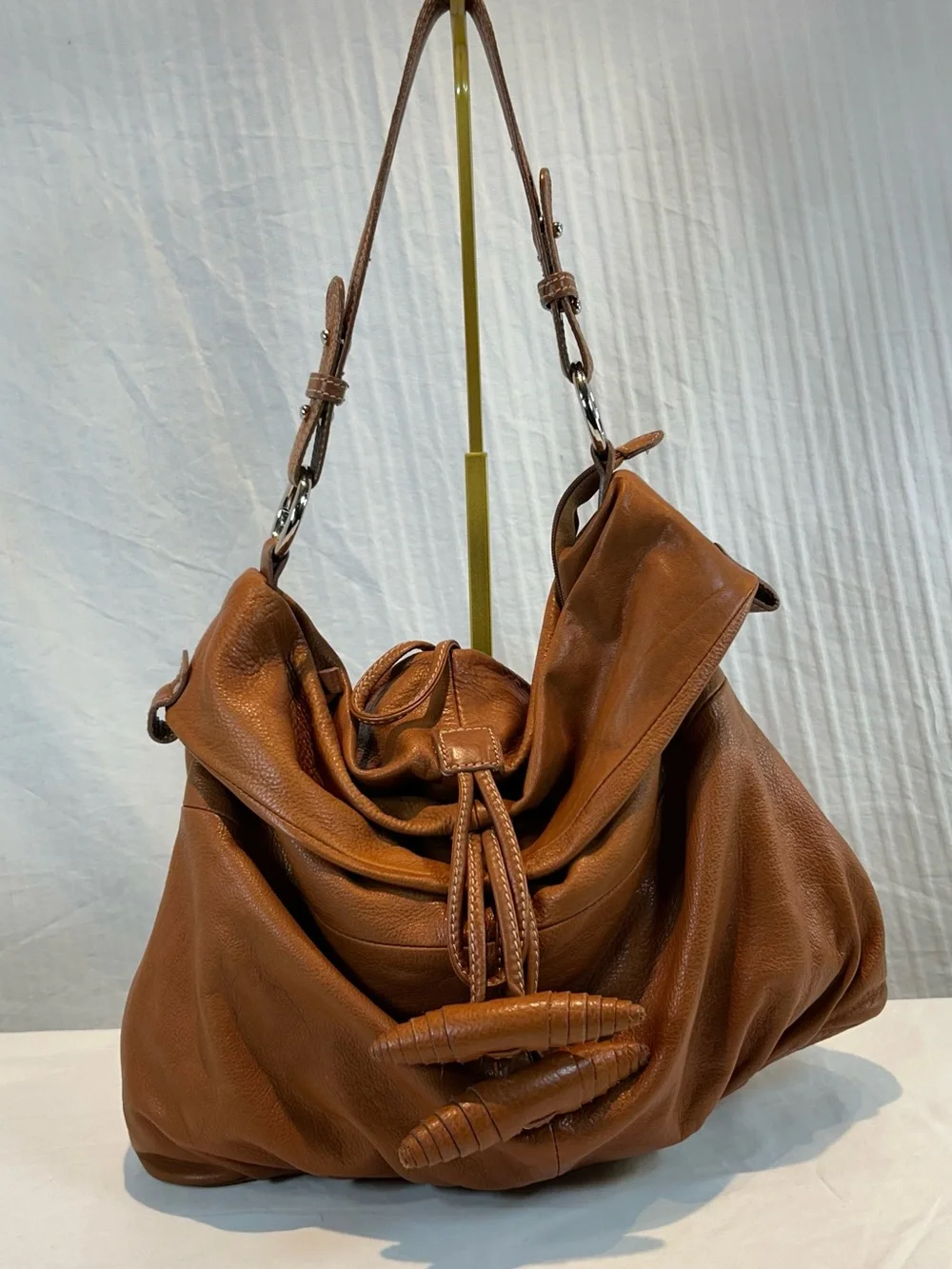 Structured Italian Leather Hobo Bag in Cognac with Wrapped Leather Accents
